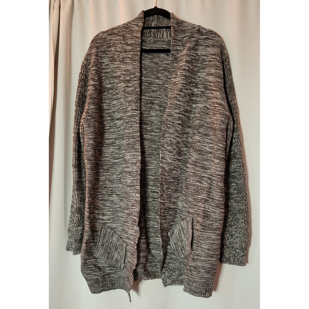 Gray Black Marled Open Front Cardigan Pockets Cozy Knit Longline Sweater